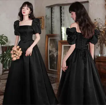 블랙 롱 드레스 퍼프 슬리브 스퀘어넥 연주회 사전 촬영 파티