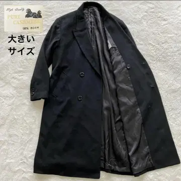 극상의 일품 캐시미어 100% 맥시 길이 더블 체스터 코트 블랙 L