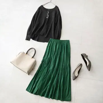 겨울 다크 그린 멋스러운 어반 리서치 개더 플레어 롱 스커트 허리밴딩