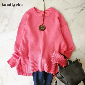 쿠미쿄쿠 핑크 양모 캐시미어 블렌드 긴팔 니트 크루넥