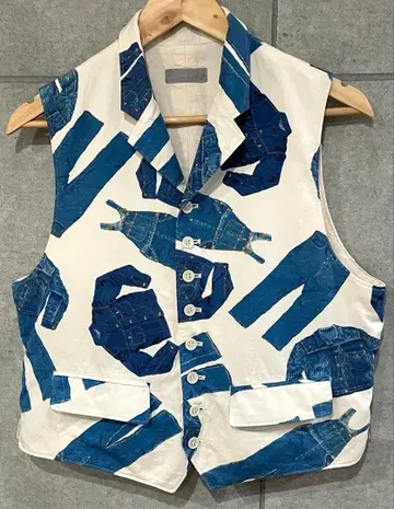 파우더 핑크하우스 시모사코 히데키 데님 패턴 베스트 F 사이즈