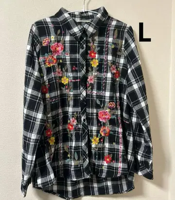 추천! 꽃무늬 자수 [ L ] 체크 무늬 긴팔 셔츠