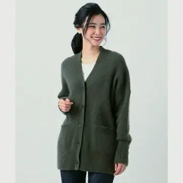 23구 헤어리 팬시 가디건 다크 그린 V넥 라쿤 혼방