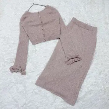 [ ROYAL PARTY ] 라메 필름 니트 스커트 셋업 핑크 베이지