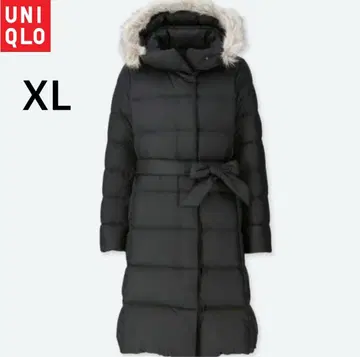 유니클로 라이트웨이트 다운 후디드 코트 퍼 벨트 롱 블랙 XL