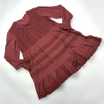 핑크하우스 톤 다운 와인 레드 피코 프릴 꽃 모티브 튜닉