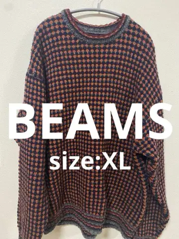 BEAMS 빔즈 크루넥 스웨터 니트 오렌지 블랙 체크 XL