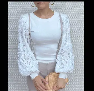 젠느 jenne 레이스 볼륨 슬리브 니트 퍼프 슬리브 상의