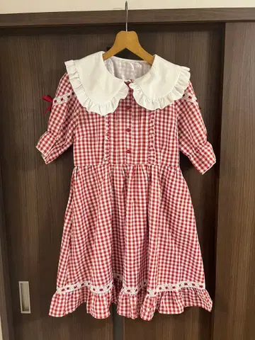 빨간색과 화이트 체크 무늬 반팔 원피스 M