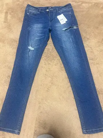 Riff 스키니 팬츠 L 네이비 데미지 가공