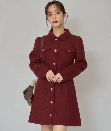 REDYAZEL 엠블럼 버튼 트위드 셔츠 미니 원피스 보르도