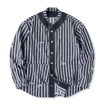 Karaku [젠틀맨 파피] 자수 데님 절개 스트라이프 셔츠