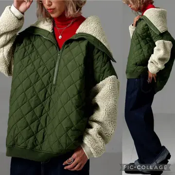 안티카 루즈핏 하프 지퍼 이소재 절개 퀼팅 보아 아우터 완판템 카키