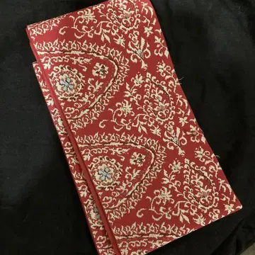 하카타 직물 사라사 길상 문양 베니 실크 홍색 반폭 오비