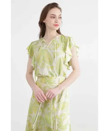 페이즐리 무늬 프릴 소매 블라우스