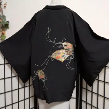 블랙 겉옷 부채 골드 작은 꽃 순수 실크 손바느질 길이 79 화장 63