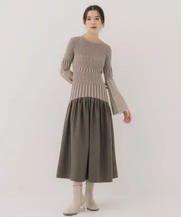 리브 편직 긴팔 니트 원피스