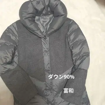 다운 롱 코트 볼륨 넥 후와 여성용 L 이소재 절개 캐시미어 혼방