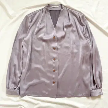 고급 새틴 느낌 광택 블라우스 긴팔 탁한 퍼플 일본제
