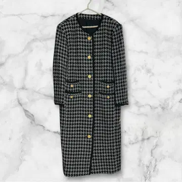 빈티지 하운드투스 트위드 롱 코트 골드 버튼 노카라 맥시 길이