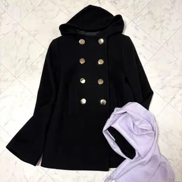 [ 아이씨비 ] P코트 숏 더블 골드 버튼 후드 A라인 블랙