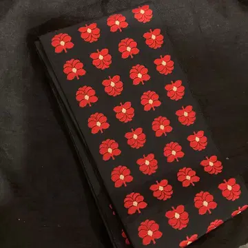 하카타 오리 순수 실크 블랙 베이스 빨간색 꽃 자수 반폭 오비