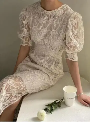 뭉실한 퍼프 소매와 비침 레이스 원피스