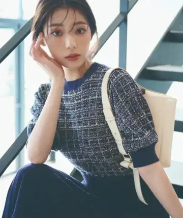 NATURAL BEAUTY BASIC 트위드 니트 원피스 네이비