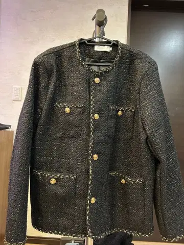 블랙 트위드 노카라 자켓