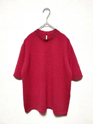 새상품급 EXELANCETTI 비즈 장식 캐시미어 반팔 스웨터 38 레드