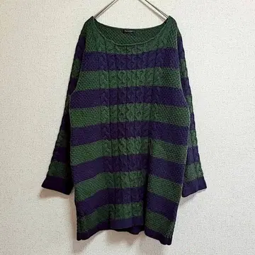 잔파 니트 스웨터 보더 상의 M 네이비 그린 케이블 긴 길이