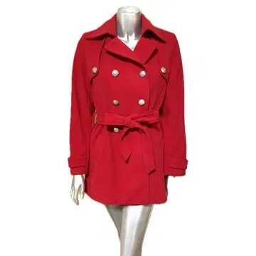 빨간색 더블 브레스트 울 피 코트