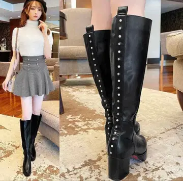 미셸마카롱 펄 스톤 롱 부츠 블랙