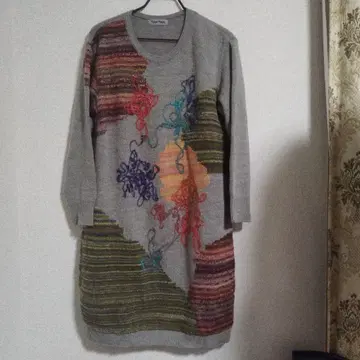 FUGA FUGA 그레이 컬러풀 자수 긴팔 원피스