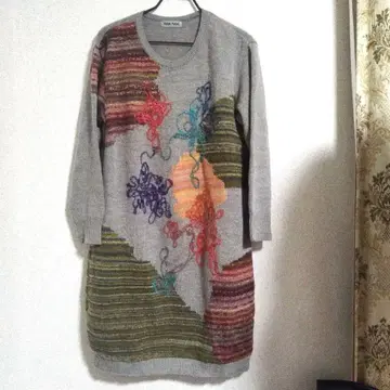 FUGA FUGA 그레이 컬러풀 자수 긴팔 원피스