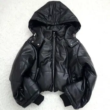 새상품급 후드 가죽 충전솜 블루종 인조 가죽 두툼한 숏 기장 소매 리브