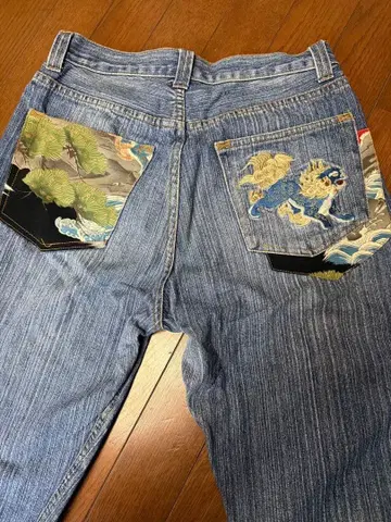 ( 청바지 ) Oniwa Soto W30 블루 데님 스트레이트 자수 포켓