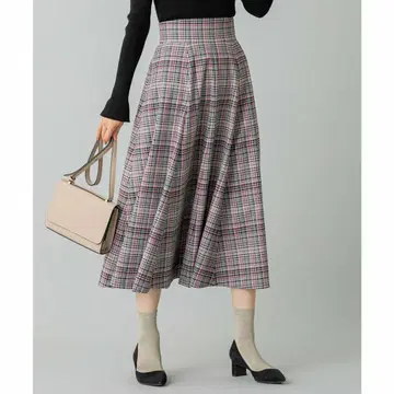 쿠미쿄쿠 워셔블 랜덤 체크 플레어 스커트 핑크 x 화이트 울 혼방 롱