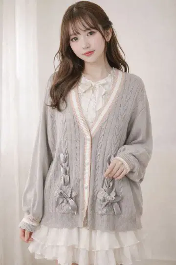 시크릿 허니 V넥 가디건 핑크 그레이 가디건