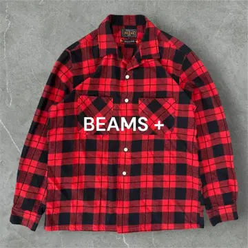 미사용에 가까운 BEAMS+ 버팔로 체크 오픈 카라 셔츠 빨간색