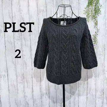 플라스테 케이블 니트 스웨터 M 7부 소매 울 혼방 케이블 짜임 그레이