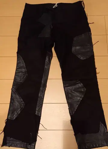 Y's 블랙 데님 레더 패치워크 팬츠