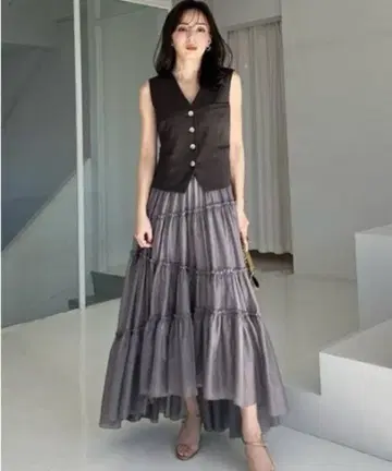 anuans 볼륨 티어드 오간자 스커트 ( KHAKI GREY )