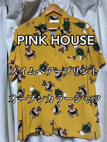 PINK HOUSE 수영 베어 프린트 오픈 카라 셔츠 반팔 셔츠 노랑