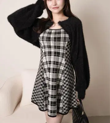 7 새상품 립 서비스 정가 13090엔 페더 체크 앙상블 원피스 블랙 M