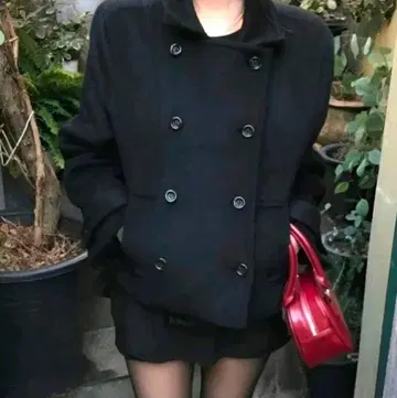 더블 브레스트 피 코트 블랙 왕홍 클래식 버튼 숏코트