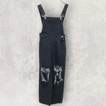 오버롤 살로펫 S 데님 소재 데미지 하의 스트레이트 데님