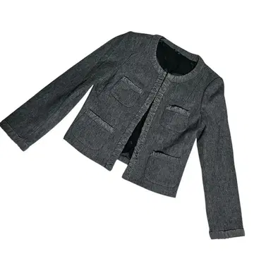 ANAYI 트위드 다크 그레이 노카라 자켓 숏 기장