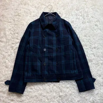 피 코트 울 코트 체크 무늬 그린