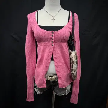 헤이세이 갸루 y2k 그런지 타이트 가디건 니트 아바클로 핑크